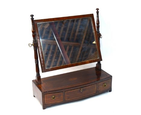 A late Georgian inlaid mahogany platform toilet mirror with rectangular plate above three drawers, on bracket feet, 51 cm 