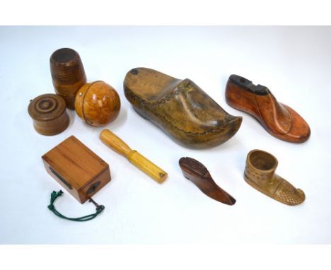 A selection of treen, including shoe snuff box with brass pin decoration, French clog wall-hanging trinket box, Lapland minia