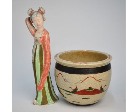 A Chinese standing figure of a girl with un-fired pigments in the Tang Dynasty style, 35 cm high; together with a polychrome 