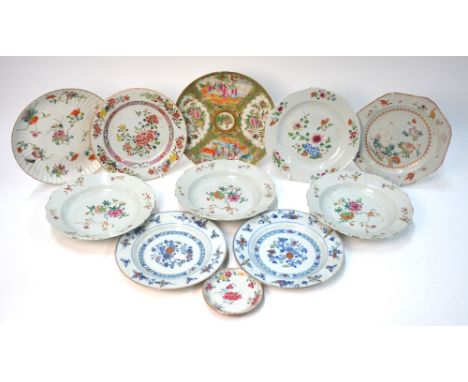 Eleven items of Chinese Export Porcelain, including a Canton famille rose dish decorated with Manchu/Chinese figures; and a s