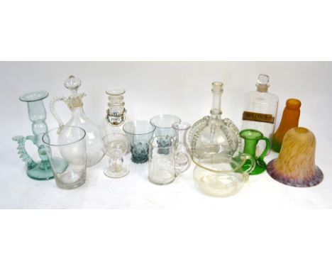 A box of assorted 19th/20th century glass including a drugs bottle, two glass light shades, candlesticks, decanters, small ch