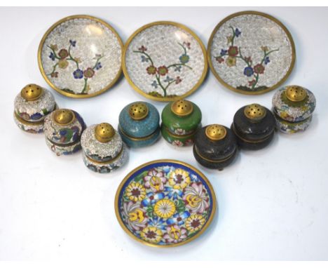 Twenty small pieces of Chinese Cloisonne enamel, comprising: four circular dishes; and sixteen incense burners  or other vess