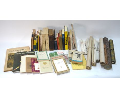 A quantity of pictures and books, relating to Asia, including: seven Chinese scrolls (one scroll with ersatz red collector's 