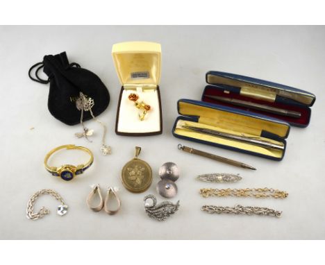 A silver pencil, two electroplated pencils and various jewellery including 9ct bracelet bangle and watch, necklace, brooches,
