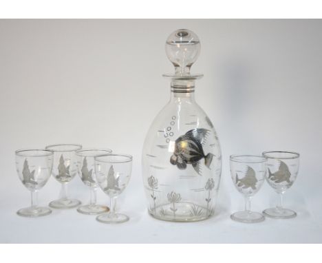 A spirits decanter and six liquor glasses, all inlaid with white metal fish and water weeds   Condition Report  One glass cra