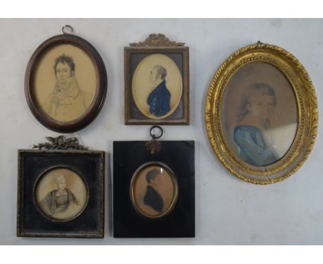 A Regency circular sepia sketch of a Quaker lady, to/w three sketch miniatures of Regency gentlemen and a Georgian sketch por