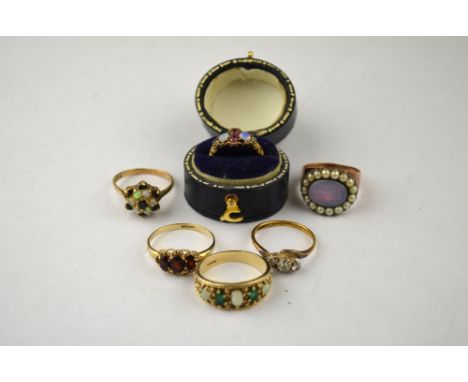 A collection of various rings including Victorian ring set opal and pink stone, Victorian ring set opal and seed pearls, emer