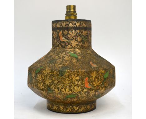 An Indian papier mache table lamp, decorated with exotic birds amongst foliage, inscribed beneath 'Made by Suffering Moses Sr