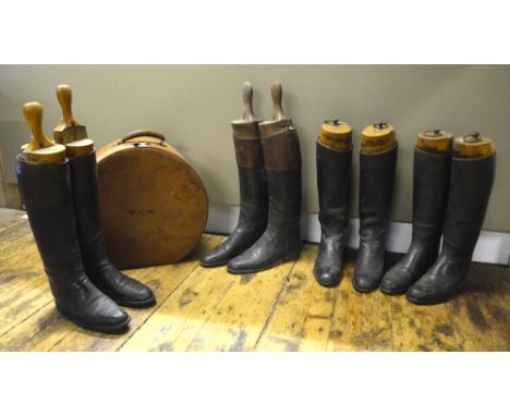 Four pairs of gentlemen's vintage riding boots, each with three-section wooden boot trees (one pair bearing label for Tom Hil