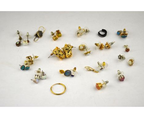 A collection of various earrings, mostly pairs, including opal, synthetic opal, paste, enamel etc