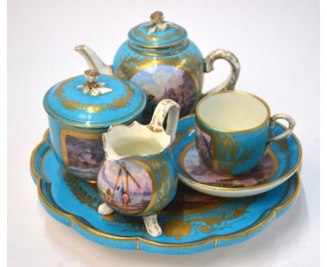 A 19th century Sevres porcelain cabaret service for one, bleu Ciel ground with gilt bordered panels of finely hand painted co