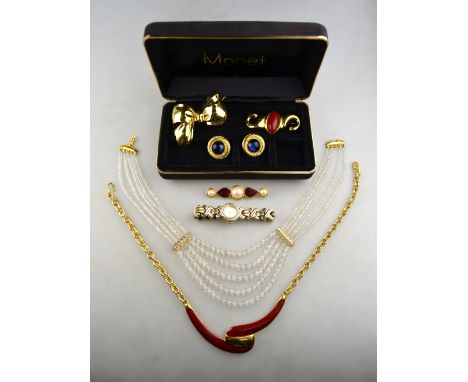 Collection of Monet vintage jewellery including white bead and paste white bead necklace, gilt metal and burgundy enamel neck