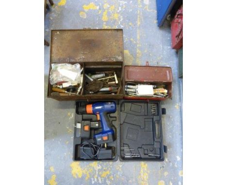 An assortment of tools and a cased draper drill. 