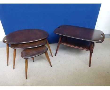 A nest of three shaped Ercol occasional tables and an Ercol coffee table with carrying handles and undertier. 