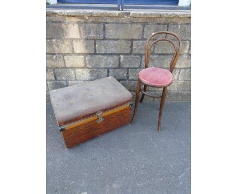 A 19th Century twin handled metal toleware trunk and a bentwood hooped back stool. 