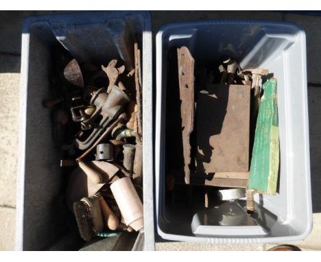 Two boxes of assorted hand tools and metalware. 