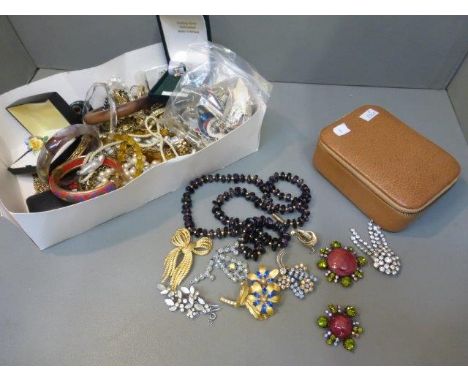 A box of costume jewellery and a small box of paste, amethyst beads etc. 