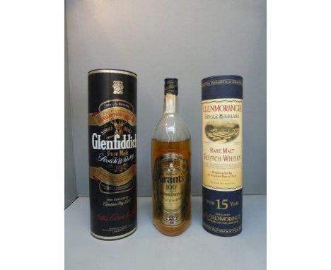 A cased bottle of Glenmorangie Rare Malt Scotch Whisky, a cased bottle of Glenfiddich Single Malt and a bottle of Grant's Sup