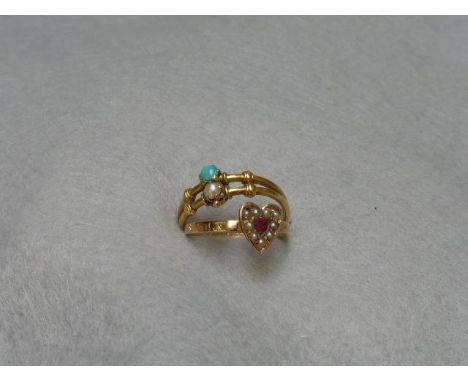 A gold dress ring in a bamboo style design, decorated with a seed and turquoise pearl; also a heart-shaped 15ct gold ruby and