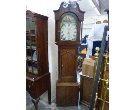 A 19th Century oak and mahogany cased 30 hour longcase clock with arched painted dial and swan neck pediment, the dial depict
