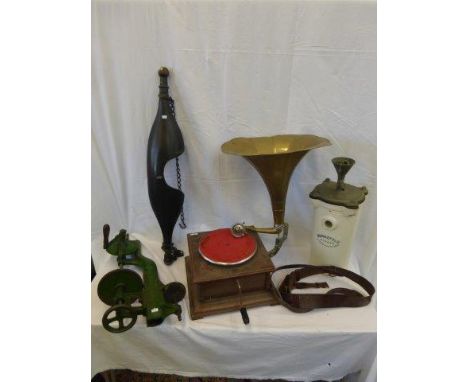 A Berkefeld water softener, a horse harness, a bench Yankee No. 1005 hand drill and a reproduction windup gramophone. 