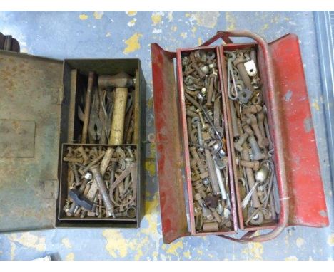 Two toolboxes with a good assortment of early tools with manufacturer's names. 