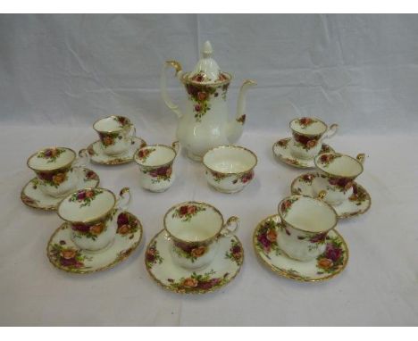 A Royal Albert Old Country Roses coffee set comprising coffee pot, eight cups, seven saucers and a sugar bowl, mostly 1962. 