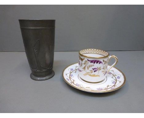 A Tiffany & Co. New York coffee can ad saucer and an Art Nouveau pewter beaker, stamped Urania. 