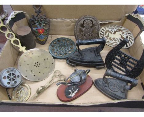 Trivets and irons one with stand plus a fishing reel
