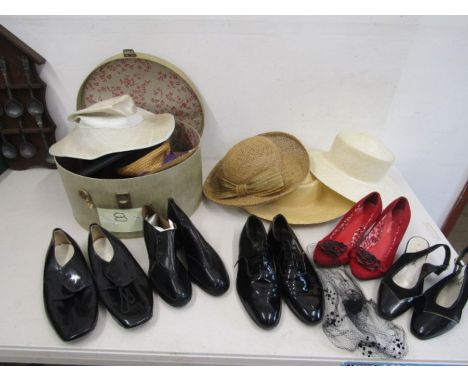 Straw hats and vintage shoes with hat box