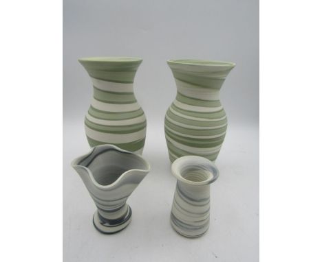 4 studio pottery vases with green swirls 18cmH and blue swirls 9cmH marked on base GF Graham Fielder?