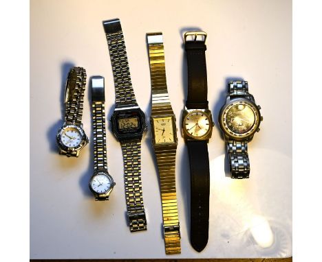 Six watches to include: Casio WR Alarm Chrono; Casio quartz; vintage Timex, Accurist and two others