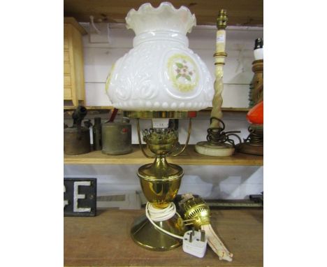 Converted brass oil lamp with white floral glass shade (oil attachment not included)