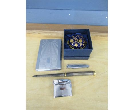 Cigarette case with mother of pearl lining, lighter, penknife and enamel trinket pot etc&nbsp;