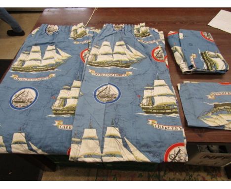 Nautical 'Charles Morgan sailing ship' lined curtains 1 1/2 widths wide 7'2" drop plus unused 54" wide x 9'6" drop, smaller p