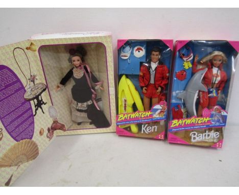 Baywatch lifeguard Barbie and Ken (1994) and Victorian lady Barbie (1951) all boxed in mint condition by Mattel