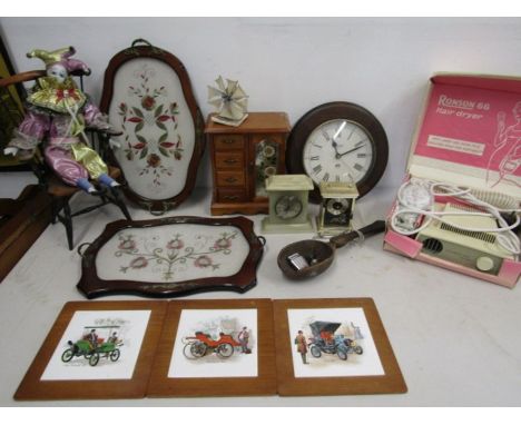 Collectors lot- 2 trays, classic car tiles, vintage hair dryer (display only), clocks, wooden spoon etc etc