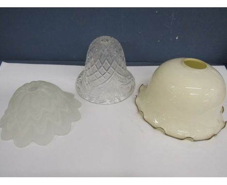 3 vintage light shades, opaque with wavy rim, crystal shade and one opulent glass shade