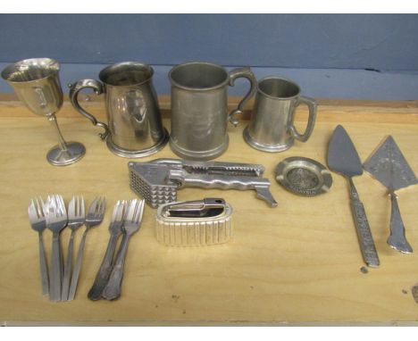 Ronson table lighter and various metal wares inc Oneida pickle forks