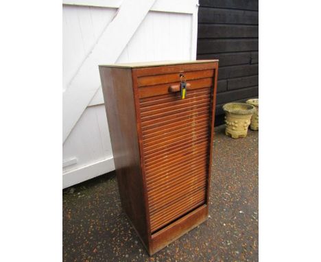 Vintage oak tambour door filing cabinet with key H111cm W50cm D47cm approx&nbsp;