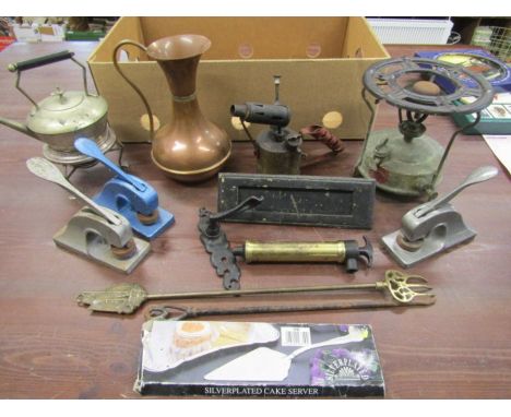 Various metal wares and vintage burner