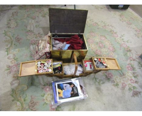 Sewing box with contents, vintage knitting patterns and wool etc in brass coal box&nbsp;