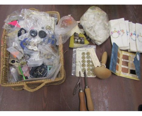 Vintage buttons, stocking threads, sewing implements etc