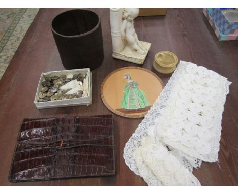 Collectors lot inc livery buttons with one silver, costume painting, linen, crocodile clutch bag, vintage measuring frum etc