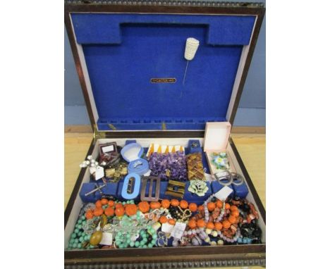 A jewellery box full of vintage costume jewellery inc rings, Amethyst bracelets, rosary beads, retro belt buckles etc