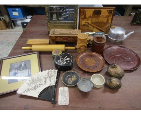 collectors lot to include treen, brass wall mirror plaque, vintage tiles etc etc