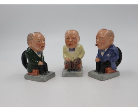 Three Churchill Toby jugs, no cracks or chips, H: 12 cm. UK P&amp;P Group 2 (£20+VAT for the first lot and £4+VAT for subsequ