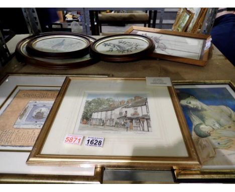 Group of three framed prints including a Picasso print, a print of Prestbury in Cheshire and a Sign of the Zodiac print, larg