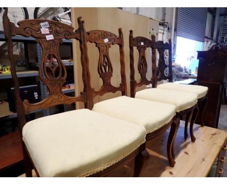Four walnut harp back, upholstered dining chairs. Not available for in-house P&amp;P