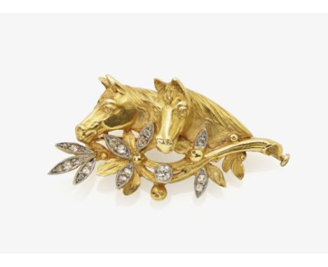 Brosche mit der Darstellung von zwei PferdeköpfenEngland, um 1900 Gelbgold 18 K (750/-), gestempelt. Juwelierpunze C W C. 1 A